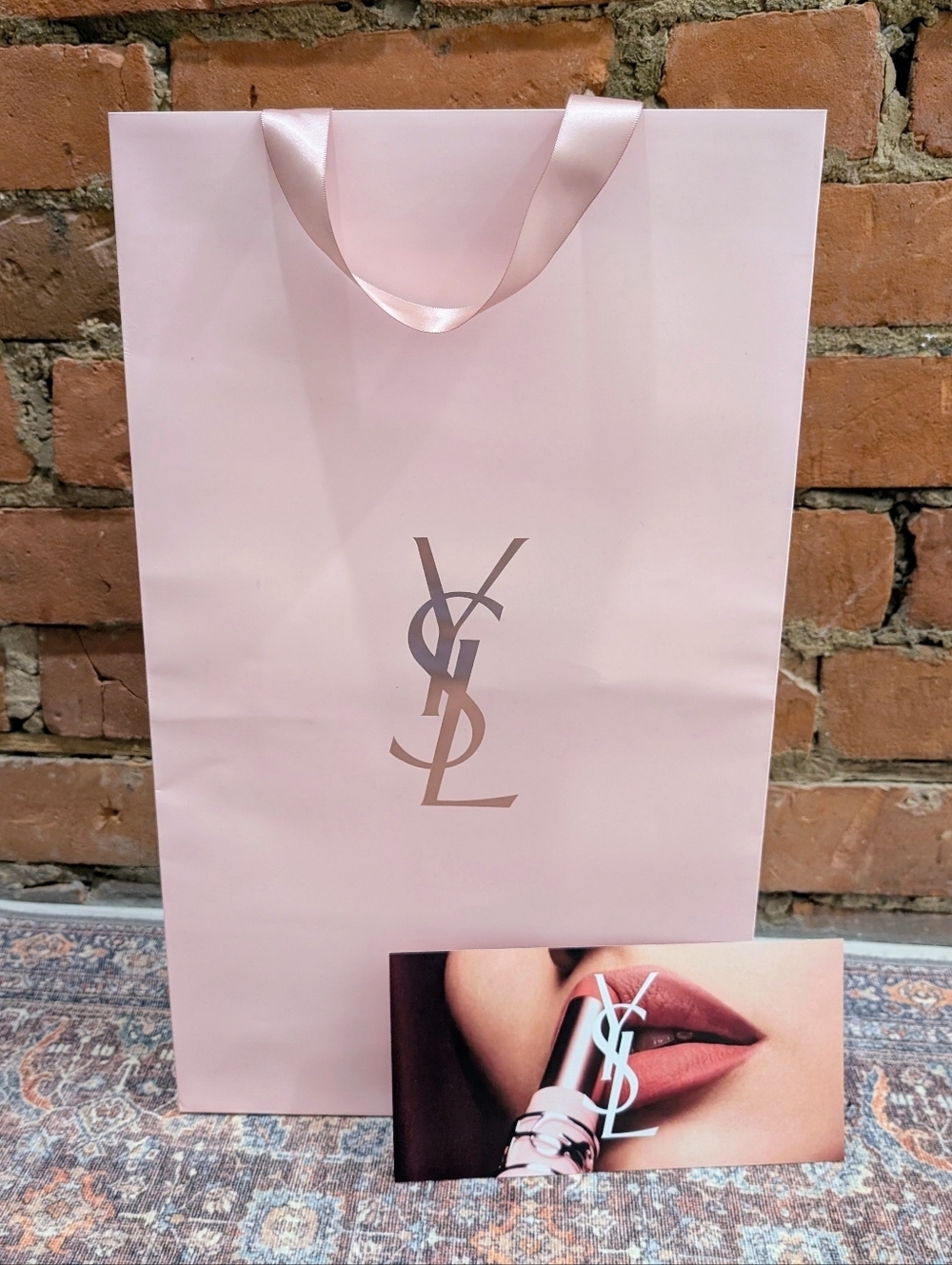 Yves Saint Laurent Pale Pink Gift Bag with Gold Logo and Promotional Card
